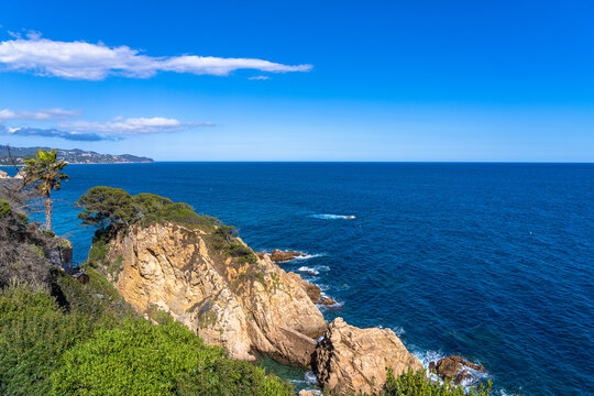 Beautiful view of Mediterranean sea from the viewpoint Mirado de Pu in the Marimurtra botanic garden of Blanes at Brava coast in summer on sunny day, Selva, Girona Catalonia, Spain