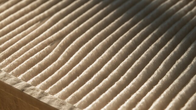 Overhead macro of a pleated filter membrane with fine ridges in warm beige tones, in a calm cinematic mood