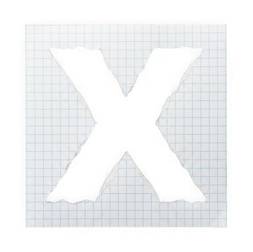 Letter x shape torn out of a square piece of blue grid graph paper isolated on transparent background