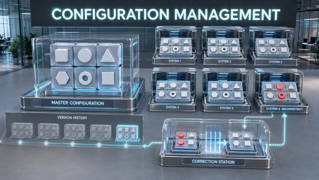 Configuration management exhibit displaying master configuration against inconsistent system configurations and correction station to illustrate software deployment control.