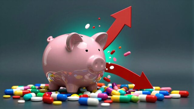 Pink piggy bank surrounded by pills, with arrows showing rising costs.