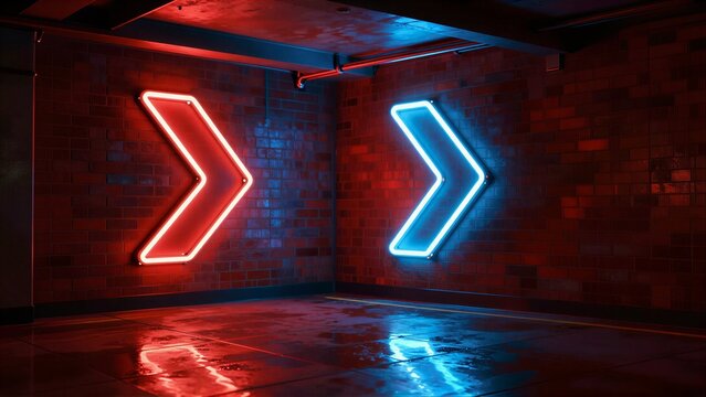 Neon arrows glow red and blue on a brick wall, casting colorful reflections.