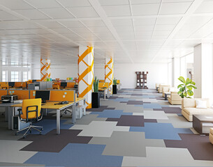 Obraz premium 3D render of a spacious open plan office interior with multiple workstations, orange chairs, lounge area, and columns.