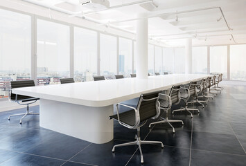 Obraz premium 3D render of a modern, empty corporate boardroom featuring a large white table, black chairs, and city view windows.