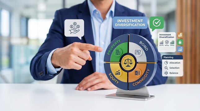 Professional financial advisor pointing at circular investment diversification chart showing property bond equity and commodity assets on modern white desk