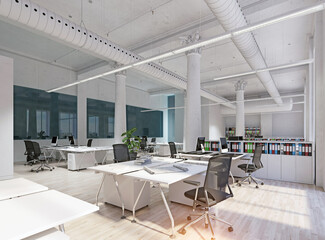 Obraz premium 3D render of a bright open-plan corporate office interior with white workstations, black chairs, columns and wood floors.