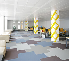 Obraz premium 3D illustration of a spacious modern office interior featuring yellow patterned columns, lounge seating, and desks.