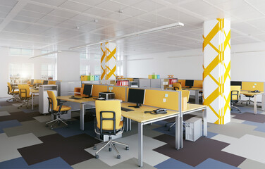 Obraz premium Open plan office interior featuring yellow chairs, desk dividers, patterned columns, and multi-colored carpet tiles.