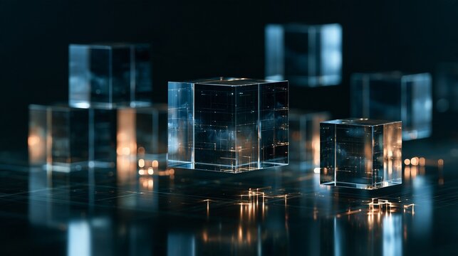 水面に浮かぶクリスタルキューブがサイバー空間を表現するデータ抽象3D背景 コピースペース付き