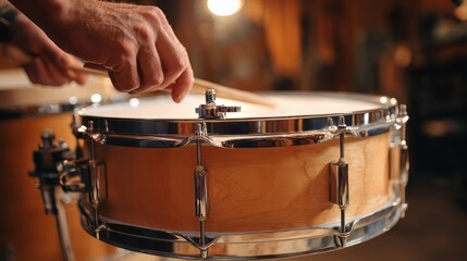Obraz premium Pair of hands using drumsticks to play a natural woodfinish acoustic snare drum with chrome hardware