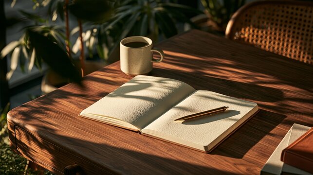 心地よい朝の木漏れ日を感じるテラスデスクと読書ノート素材（コピースペース付き）