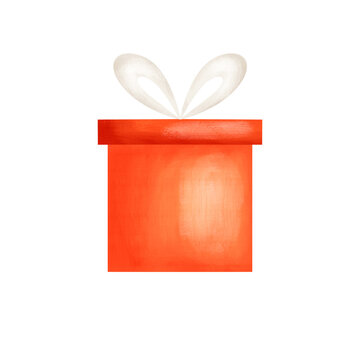 Christmas gift box illustration with a bright red present, beig ribbon and large decorative bow, isolated on a white background. Festive holiday clipart for Christmas cards, gift wrapping, invitations