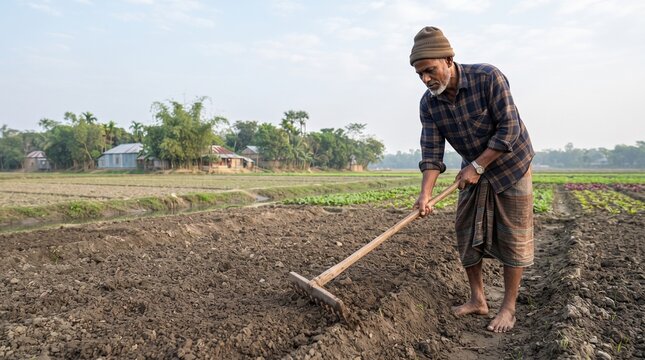 South Asian farmer leveling soil with a rake for agricultural land preparation, crop cultivation, and rural farming lifestyle.