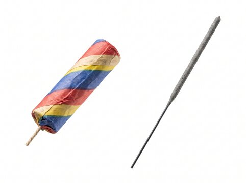Colorful firework rocket and sparkler stick isolated on white background.