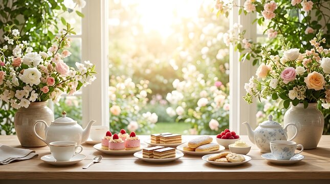 Elegant high tea setting on a garden table with floral arrangements and pastries ideal for promotional or editorial use.