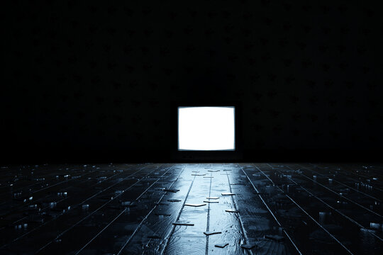 3d Rendering of an hardwood floor covered by glass shards and footprints illuminated by television with an isolated PNG screen