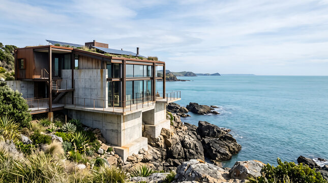Sustainable coastal living Modern eco-industrial home exterior perched on a rocky cliff with panoramic ocean views