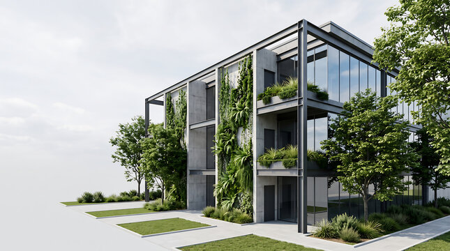 Modern eco friendly industrial office building with steel structure glass facade and vertical green garden walls surrounded by trees
