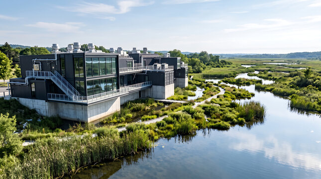 Modern sustainable industrial facility and research laboratory located beside a lush green wetland and winding river under a clear blue sky