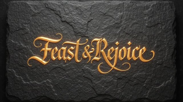 Feast and Rejoice Golden Calligraphy Engraved on Dark Slate Stone Slab Festive Celebration Background