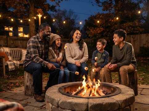 Family enjoying roasting marshmallows around a fire pit in the backyard at dusk.