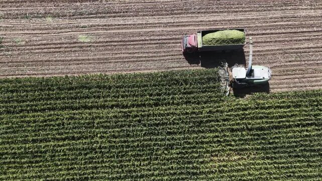 Drone shot of agricultural machinery working in a large field during harvest season