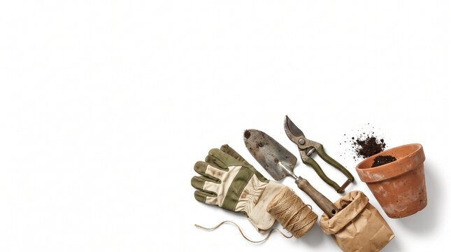 Gardening tools set with gloves and terracotta pot on white background.