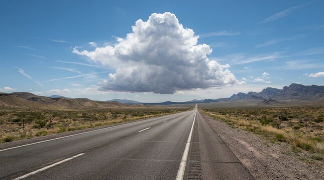 Vast Desert Highway Under Dramatic Cumulus Cloud Formation.