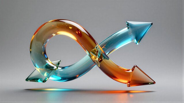 Glass arrows intertwine, glowing with orange and blue hues against a dark backdrop.