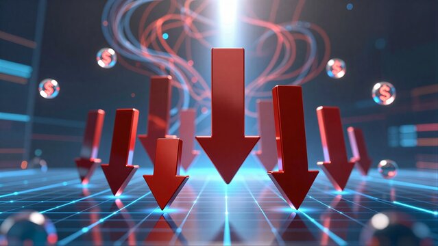 Red arrows point down amidst glowing dollar signs, symbolizing financial decline.