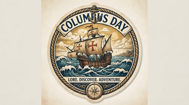 Vintage style columbus day emblem featuring a historic sailing ship, anchor, and compass, with text lore, discover, adventure