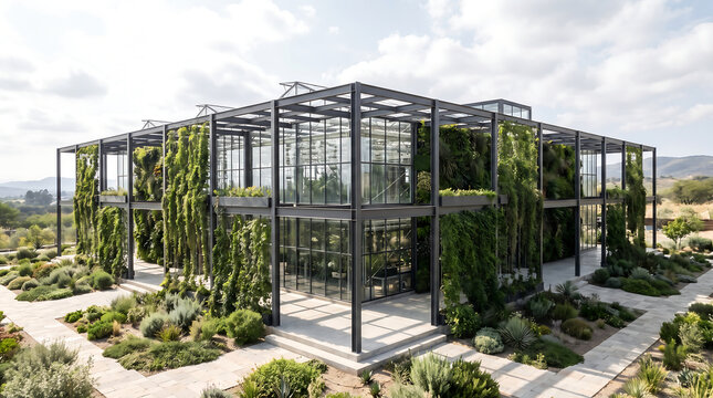 Modern industrial glass and steel building surrounded by lush green hanging plants and desert landscape
