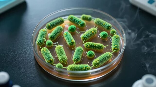 Bacterial Culture in Petri Dish growth patterns green bacteria laboratory