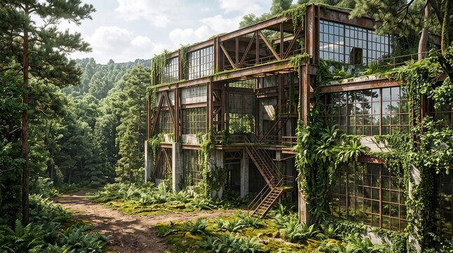 Overgrown industrial building reclaimed by nature, showcasing a fusion of modern architecture and lush greenery