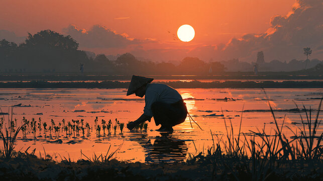 A farmer wearing a conical hat plants rice in a flooded paddy field at sunset. This image represents traditional agriculture and sustainable farming lifestyle concepts.