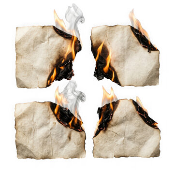 Set of four burning paper sheets with fire and smoke isolated on transparent background
