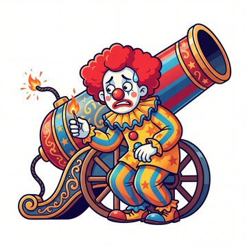 3D Stylized Nervous Clown Lighting a Massive Circus Cannon Illustration