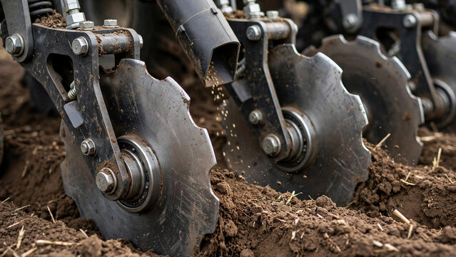 Close up of precision planter discs cutting soil for seeding