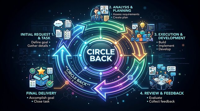 Circle back business process infographic, project management lifecycle diagram, neon workflow chart with analysis and execution stages