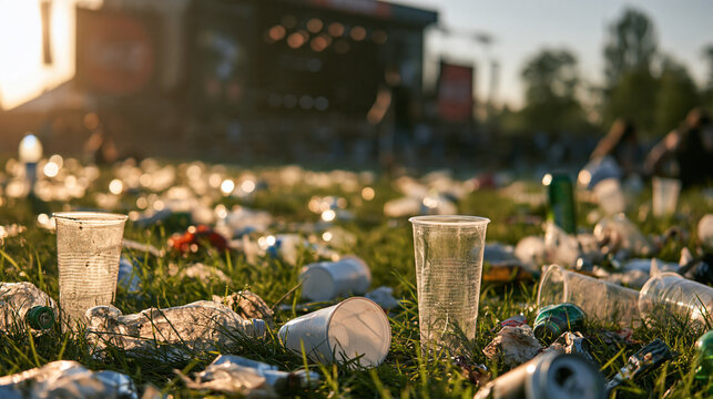 Plastic waste and trash scattered on grass at a festival site at sunset. Environmental pollution concept highlighting plastic usage at public music events.