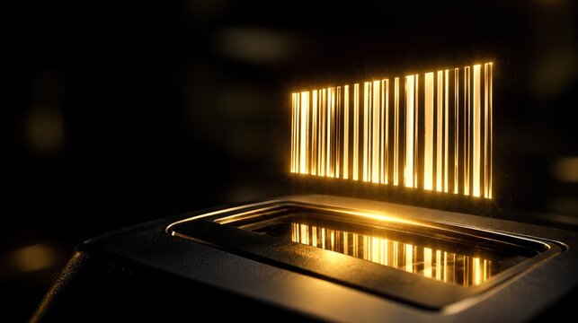 Retail barcode composed of floating glowing golden light bars over dark glass