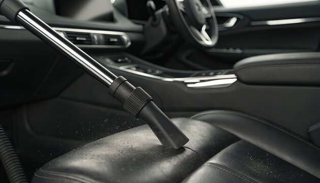 Premium car cleaning service vacuuming luxury leather seats, professional auto cleaning service, vacuum nozzle sucking up messy dirt inside car, VIP mobile car washing business concept