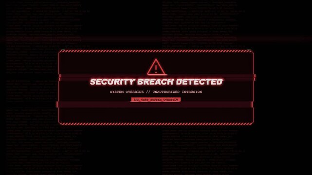 Security breach detected warning message with glitch effect on screen