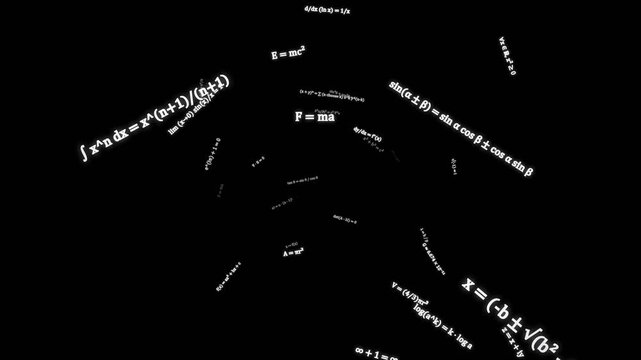 White math and physics formulas swirling on black background