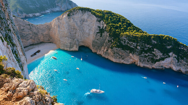 Aerial view of Navagio Beach with turquoise waters and limestone cliffs in Zakynthos, Greece. Perfect for travel advertising and vacation brochures.