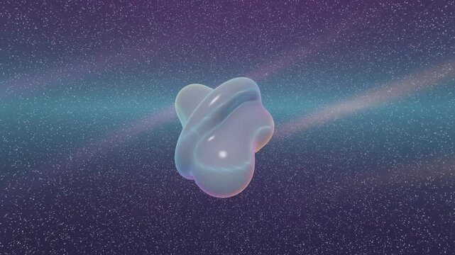 Iridescent liquid chrome blob morphing in starry space loop. Abstract liquid metal organic shape floating in cosmic background 3D render