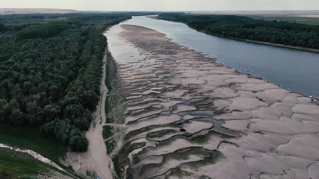 Drone footage with the Danube reaching record low levels during a dry and hot period in the summer of 2026 near Rasova, Romania.