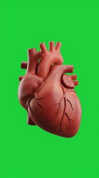 Beating human heart on green background. Beating human heart model for healthcare and medical use