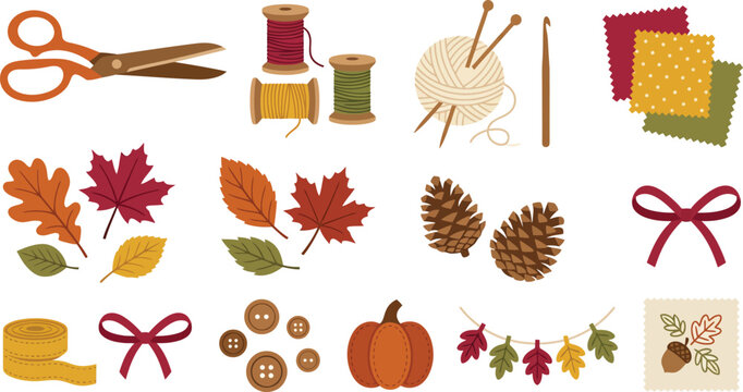 Autumn sewing and knitting craft elements, fall hobby vector set with scissors, yarn, and foliage, cozy seasonal handicraft icons for scrapbooking