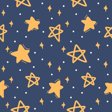 Cute star doodles night sky vector seamless pattern on dark blue background.